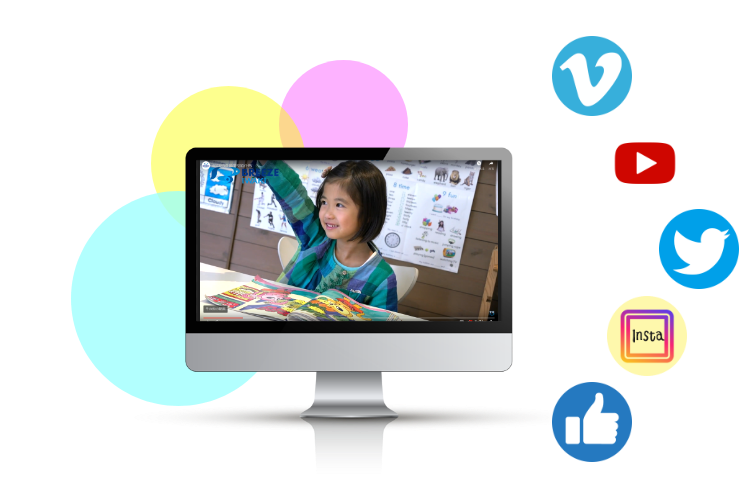 動画が映っているPCとSNSのロゴ5種
